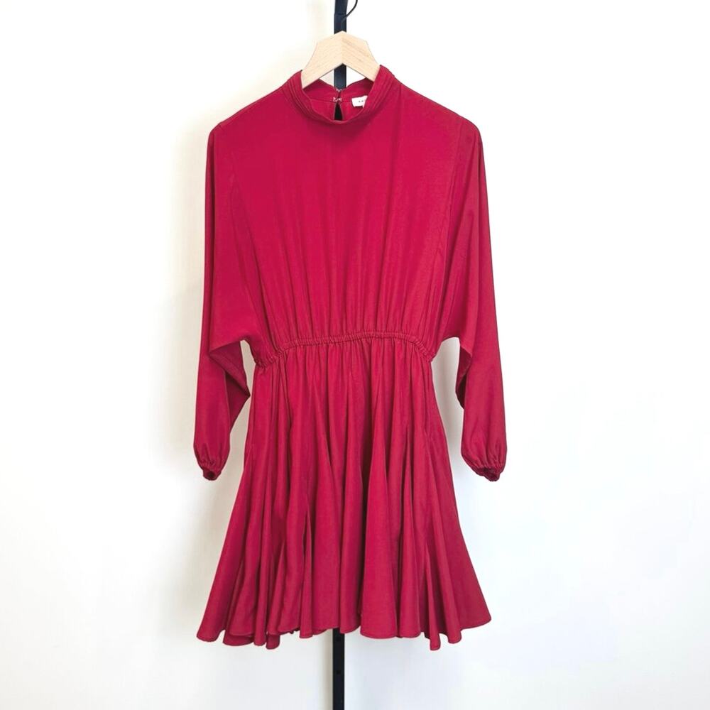 RHODE Red Long Sleeve Mini Dress Small Pleated Cinched Elastic Wasited High Neck